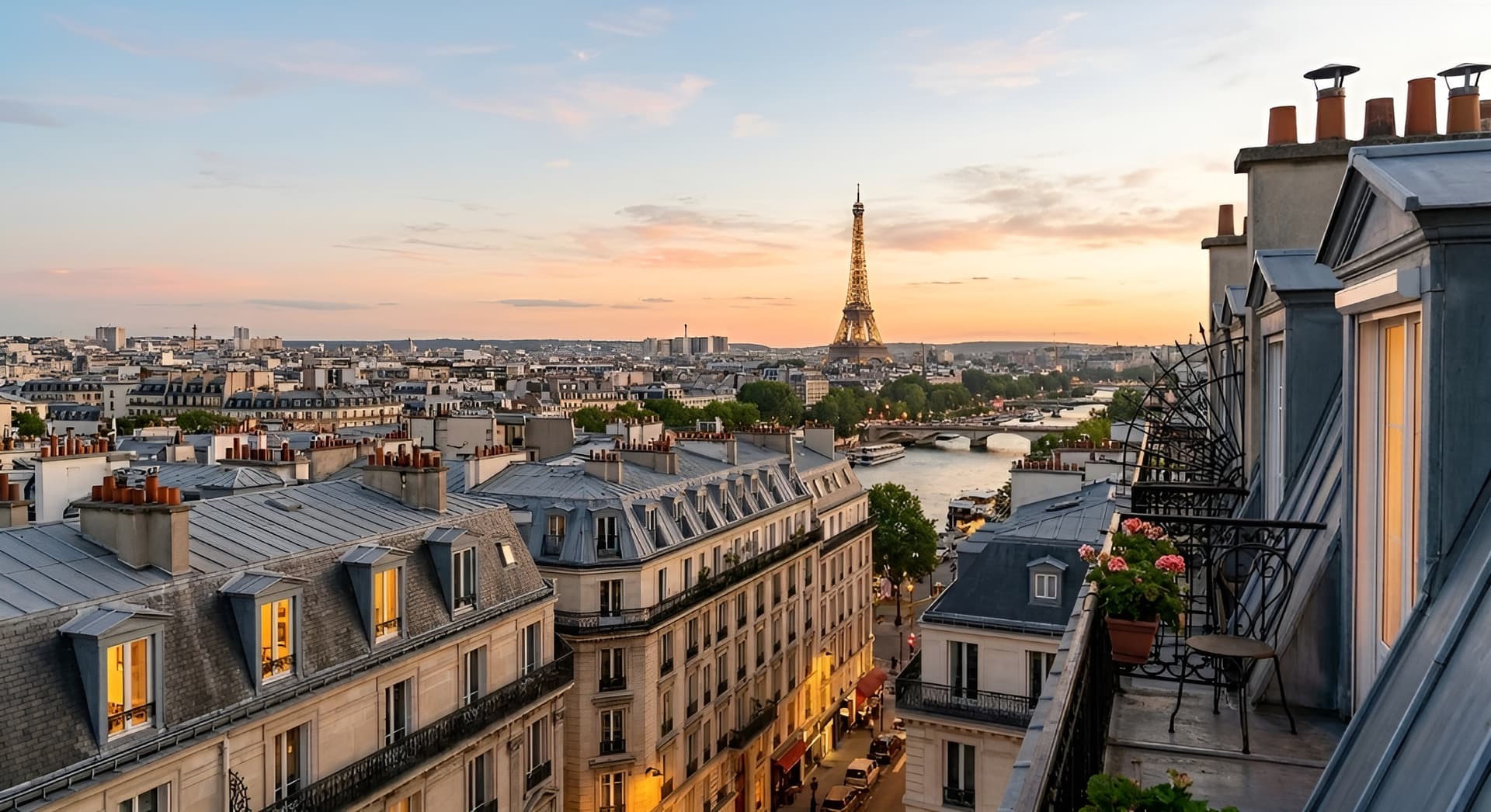 Vue panoramique des toits haussmanniens de Paris avec la Tour Eiffel au coucher du soleil — immobilier France