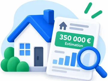Estimation immobilière gratuite d'une maison, d'un appartement ou d'un terrain en France — illustration d'un rapport d'estimation à 350 000 € examiné à la loupe