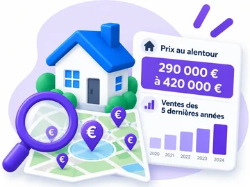 Prix de l'immobilier aux alentours et ventes réelles des 5 dernières années — illustration d'une carte de repères de prix en euros et d'un graphique d'évolution par année