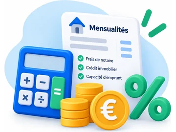 Calculer ses mensualités de crédit immobilier, ses frais de notaire et sa capacité d'emprunt — illustration d'une calculatrice, de pièces en euros et d'un tableau de mensualités